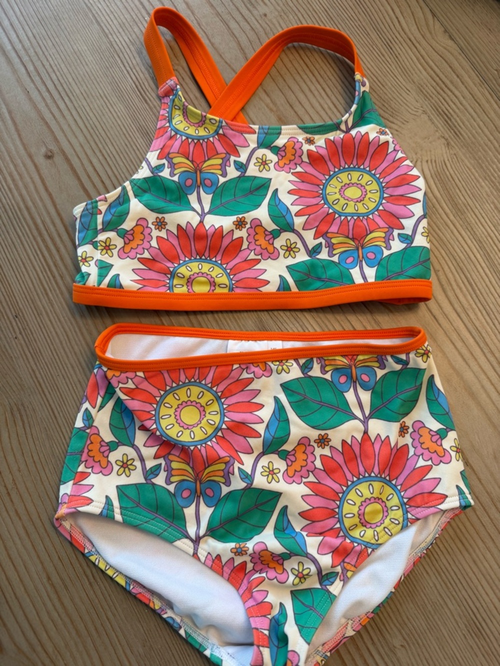 Mini Boden Bright Floral Two-Piece Swim Set with Orange Trim size 7/8